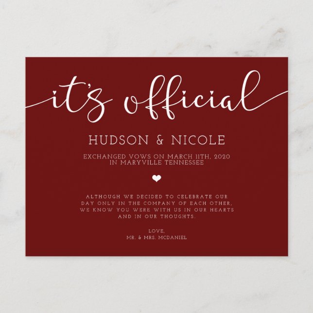It's Official Elopement Wedding Announcement Postcard (Front)