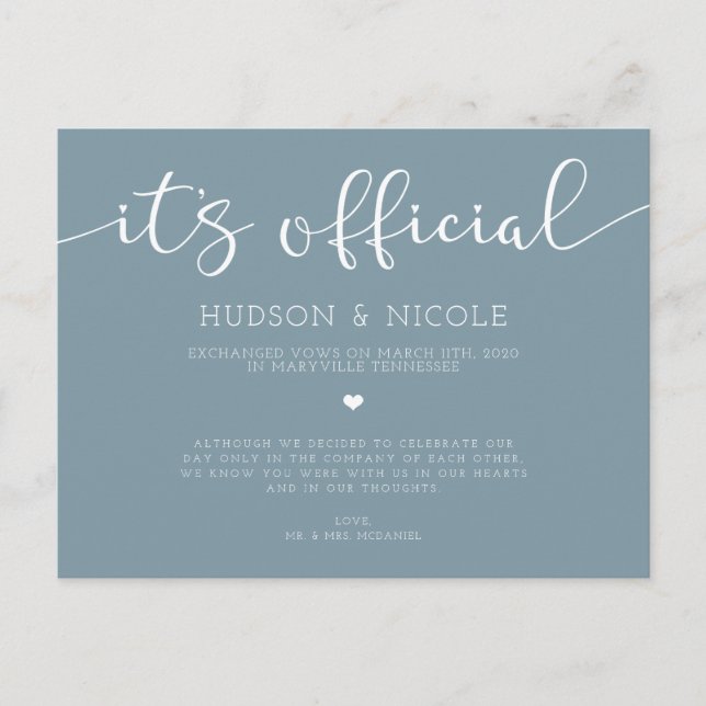 It's Official Elopement Wedding Announcement Postcard (Front)