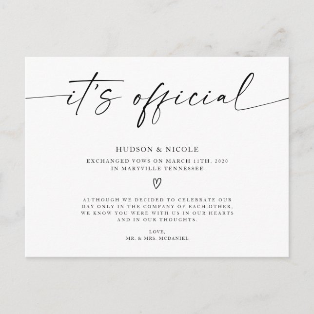 It's Official Elopement Wedding Announcement Postcard (Front)