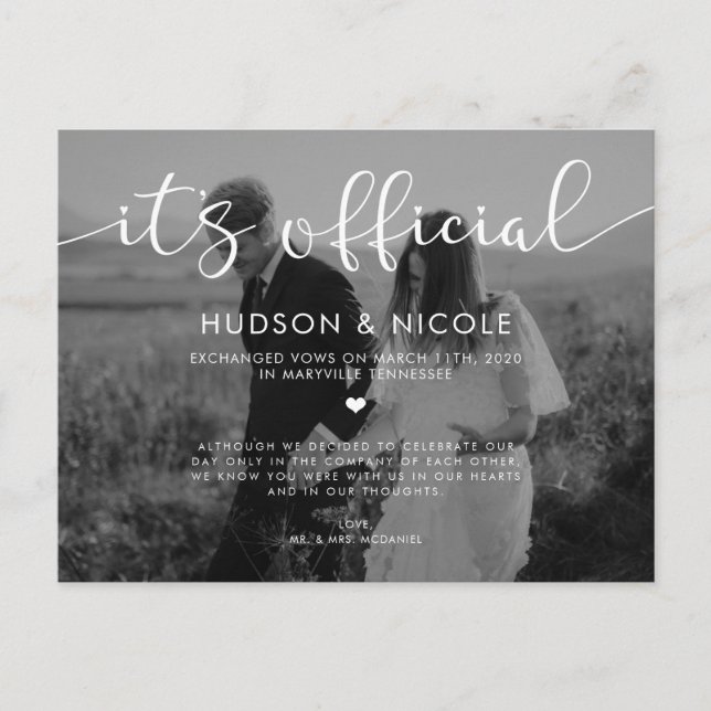 It's Official Elopement Wedding Photo Announcement (Front)