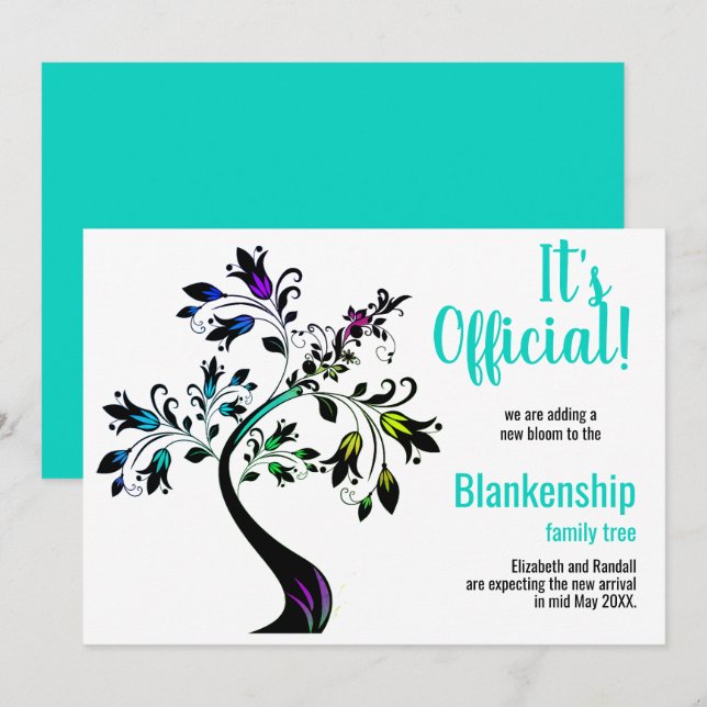 It's Official We're Expecting Flowered Tree Teal  Announcement (Front/Back)