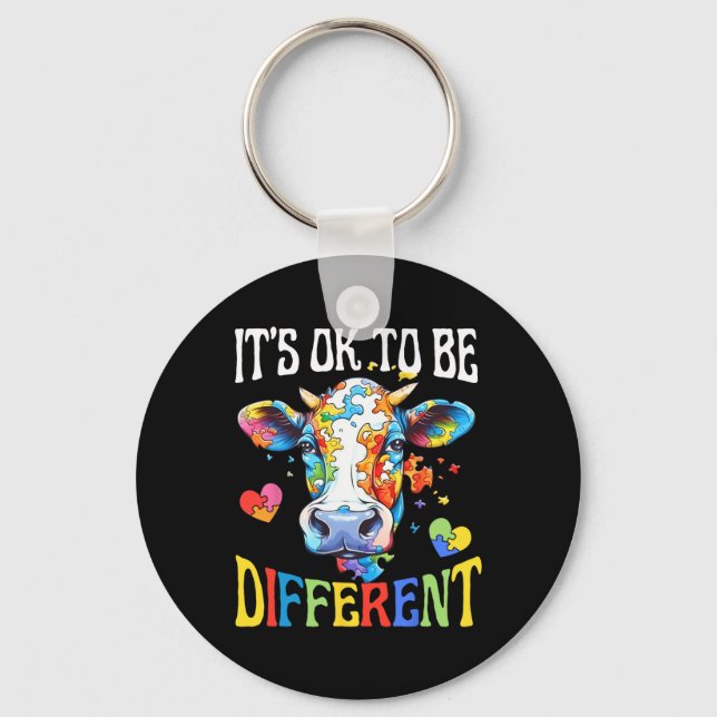 It's Ok To Be Different Puzzle Cow Autism Awarenes Keychain (Front)