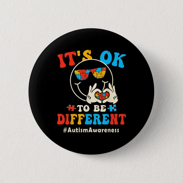 Its Ok To Different Autism Groovy Smile Face Puzzl 2 Inch Round Button (Front)