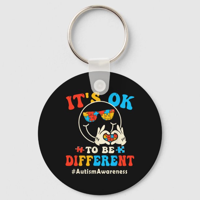 Its Ok To Different Autism Groovy Smile Face Puzzl Keychain (Front)