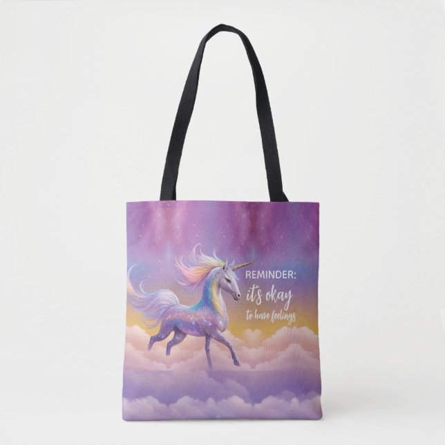 It's okay to have feelings Sparkly Glitter Unicorn Tote Bag (Front)