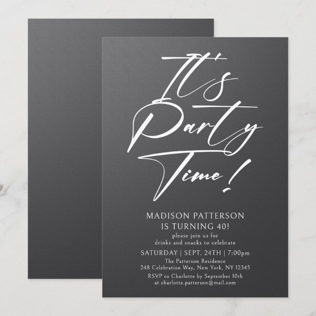 It's Party Time 40th Birthday Party Simple Elegant Invitation (Front/Back)