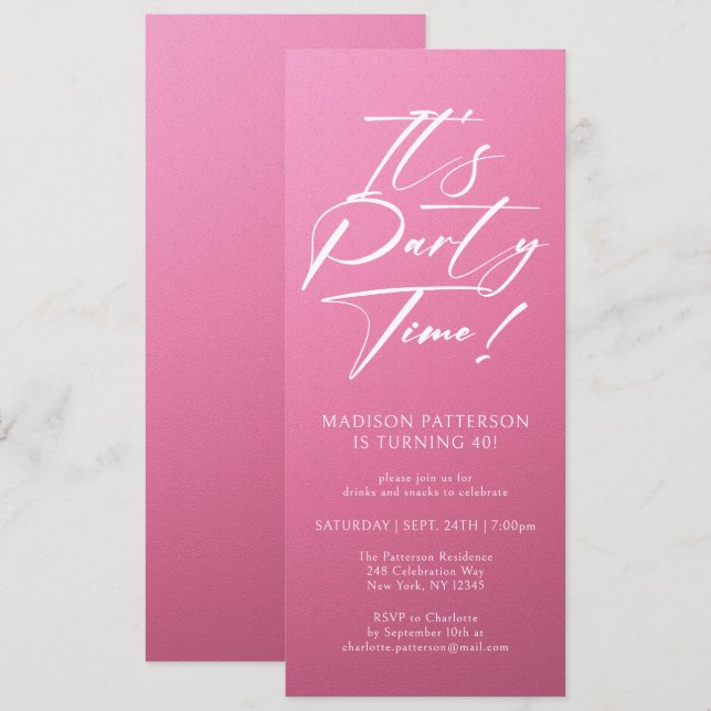 It's Party Time 40th Birthday Party Simple Elegant Invitation (Front/Back)