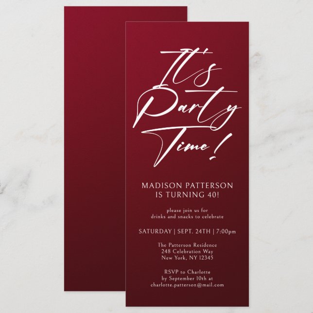 It's Party Time 40th Birthday Party Simple Elegant Invitation (Front/Back)