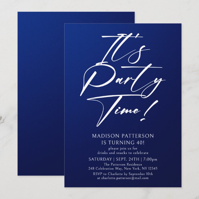 It's Party Time 40th Birthday Party Simple Elegant Invitation (Front/Back)