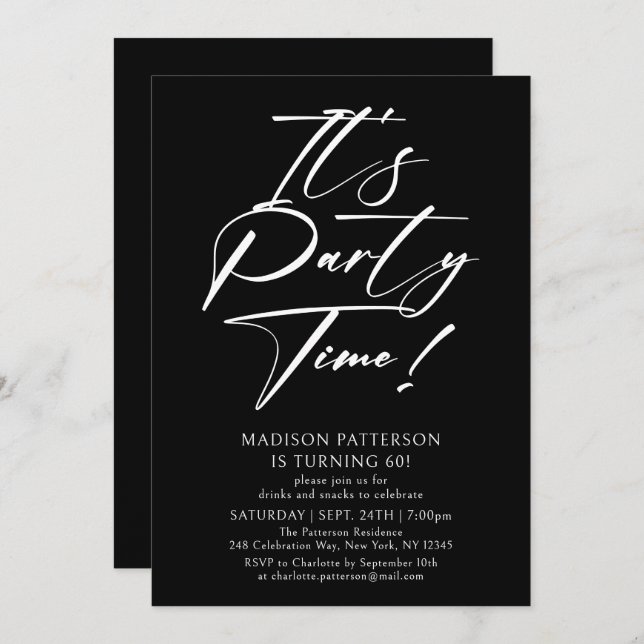 It's Party Time 60th Birthday Party Simple Elegant Invitation (Front/Back)
