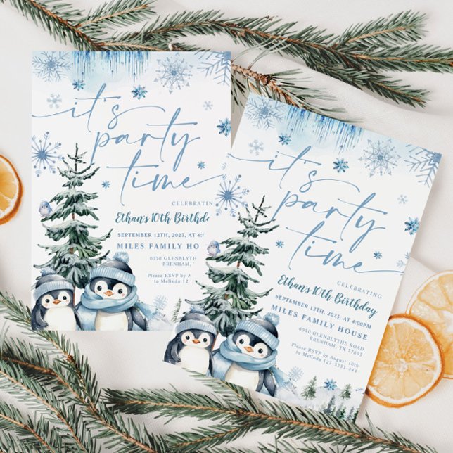 It's party time Penguin winter birthday invitation (Creator Uploaded)