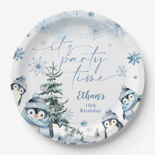 It's party time Penguin winter birthday  Paper Plate (Front)