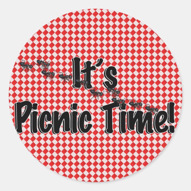 It's Picnic Time! Red Chequered Table Cloth w/Ants Classic Round Sticker (Front)
