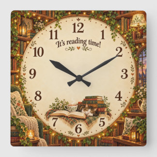 It's Reading Time Cozy Library  Square Wall Clock