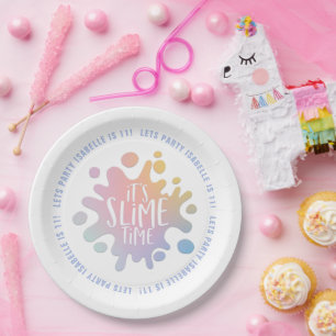 It's slime time rainbow slime party paper plate
