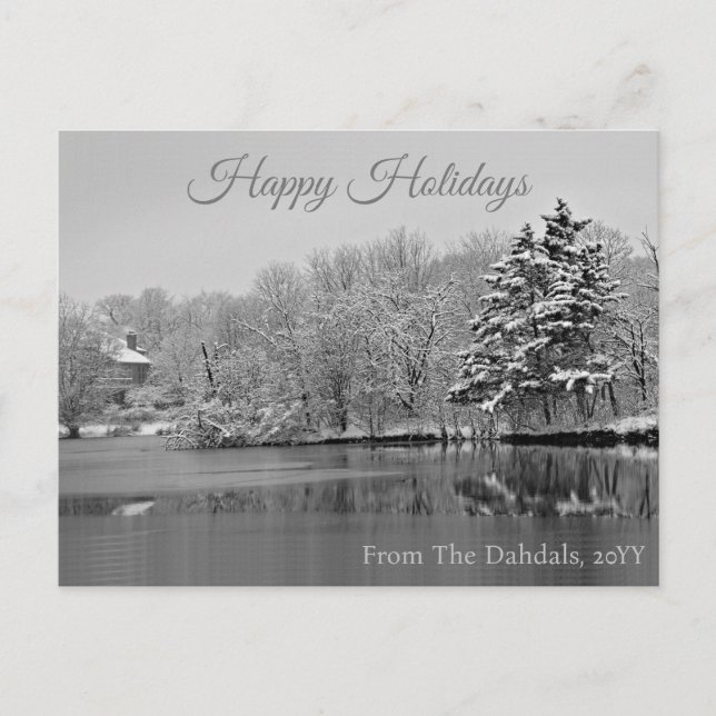 It's Snowing Over the Lake, Personalized Holiday Postcard (Front)