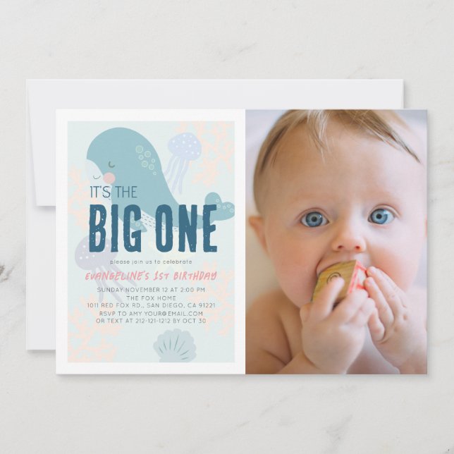 It's the Big One Blue Whale 1st Birthday Photo Invitation (Front)