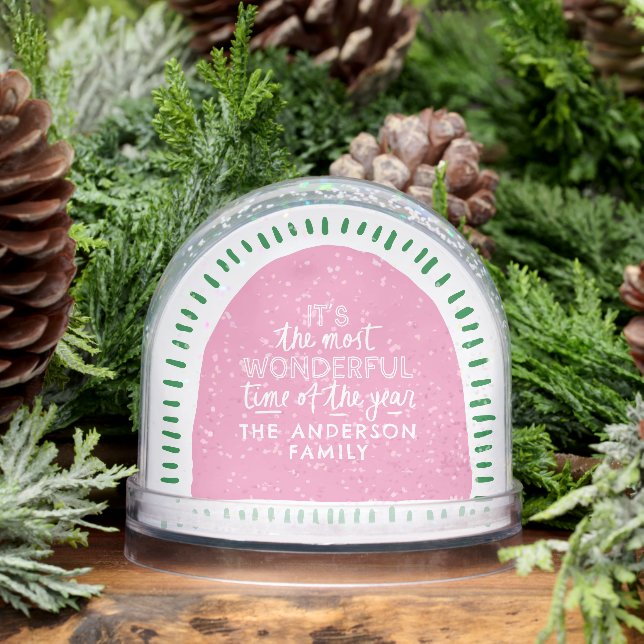 It's the most wonderful time Modern Pink & Green Snowglobe (Winter)