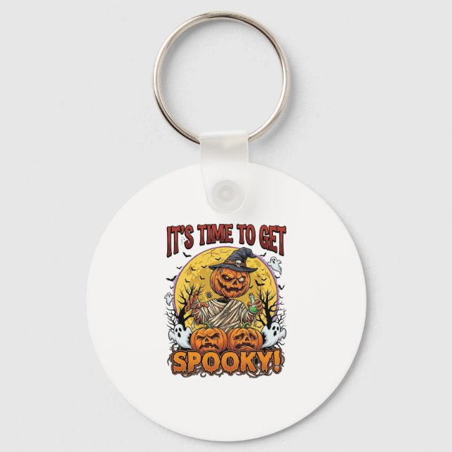 Its Time Get Spooky Halloween Pumpkin Mummy Ghosts Keychain (Front)