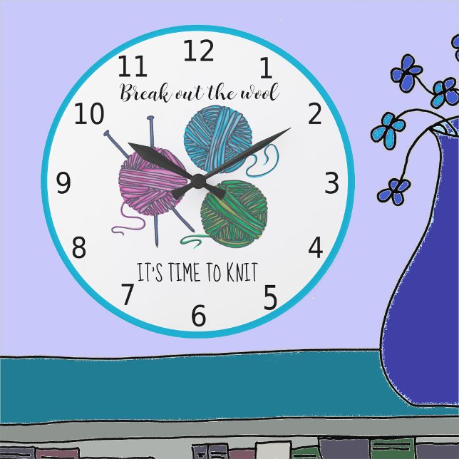 It's time to knit - blue border - personalized large clock (Creator Uploaded)