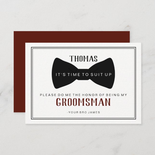It's Time To Suit Up Groomsman - Black Tie Wine Invitation (Front/Back)