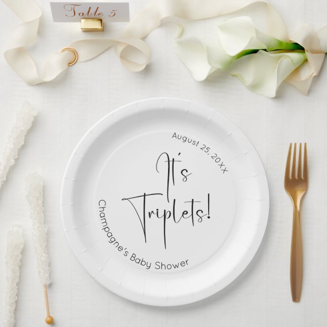 It's Triplets Modern Script Baby Shower Paper Plate (Wedding)