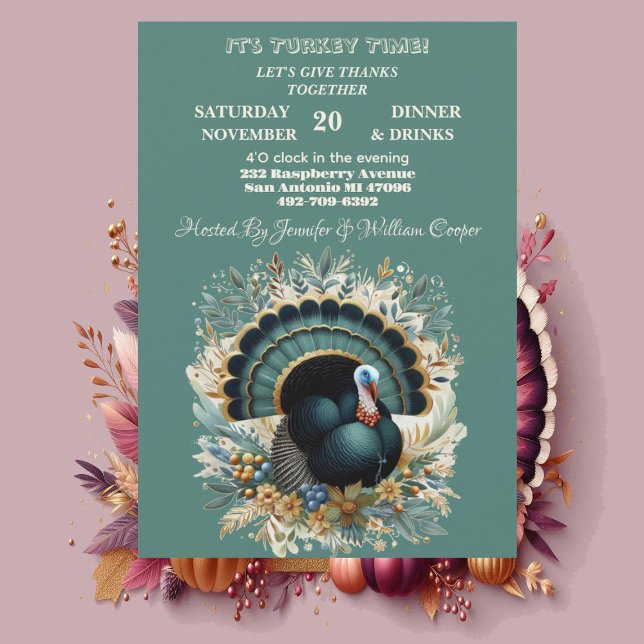 Its Turkey Time Thanksgiving Floral Green Autumn  Invitation (Its Turkey Time Thanksgiving Floral Green Autumn Invitation)