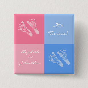 Its Twin Boy and Girl Cute Pink Baby Footprints 2 Inch Square Button