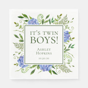 It's Twin Boys Blue Hydrangeas Boy Baby Shower Napkin