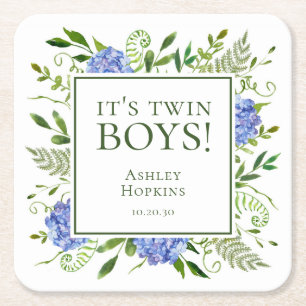 It's Twin Boys Blue Hydrangeas Boy Baby Shower Square Paper Coaster