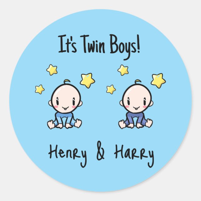 It's Twin Boys!, Blue, Personalized Twin Babies  Classic Round Sticker (Front)