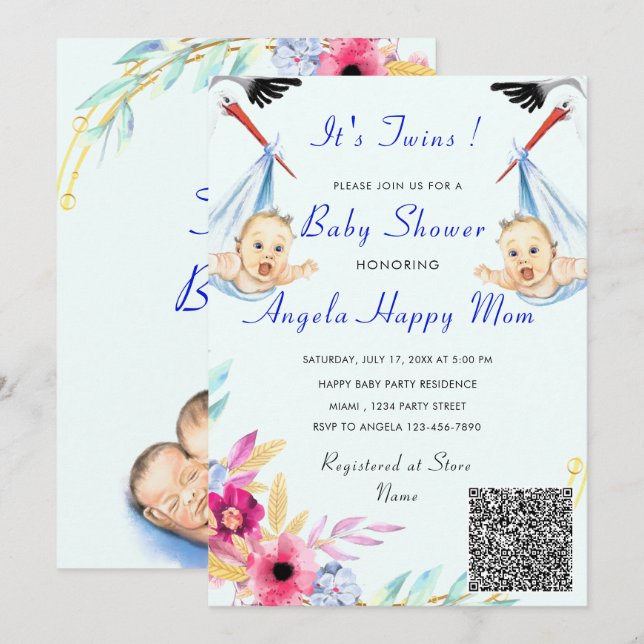 It's Twin Boys QR Code Info Baby Shower Invitation (Front/Back)