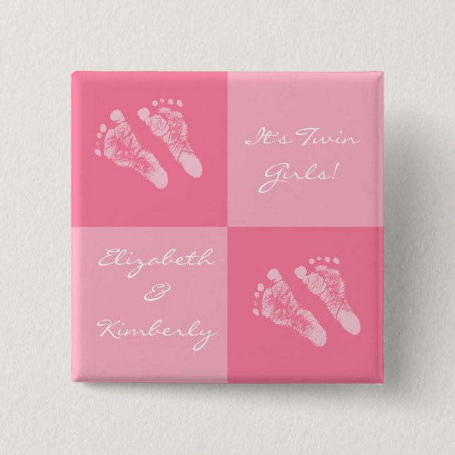 Its Twin Girls Cute Girly Pink Baby Footprints 2 Inch Square Button (Front)