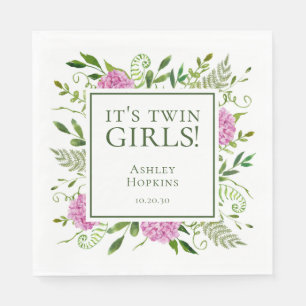 It's Twin Girls Pink Hydrangeas Girl Baby Shower Napkin