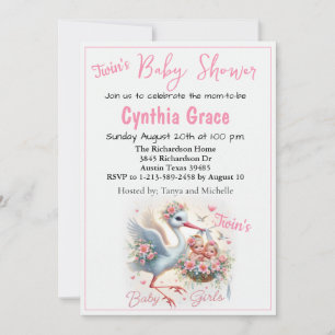 It's Twin Girl's with Stork, Baby Girls and Flower Holiday Card