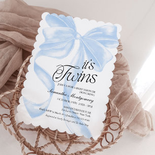 Its Twins Blue Coquette Bow Baby Invitation