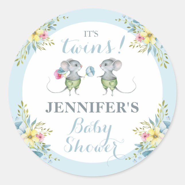 It's Twins Blue Floral Boy & Boy Baby Shower    Classic Round Sticker (Front)