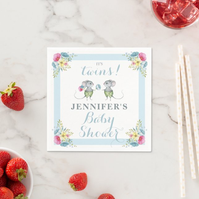 It's Twins Blue Floral Boy & Boy Baby Shower  Napkin (Insitu)