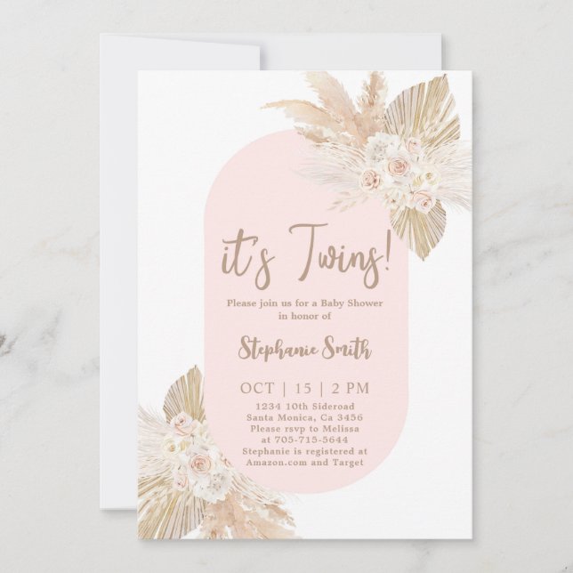 It's Twins Boho Pampas Baby Shower Girl Invitation (Front)