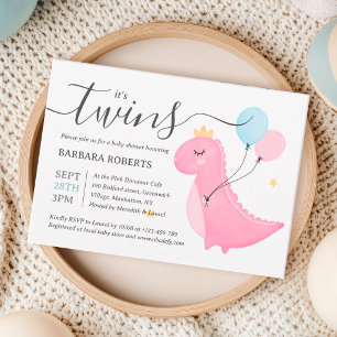 It's Twins Boy and Girl Pink Dinosaur Baby Shower Invitation