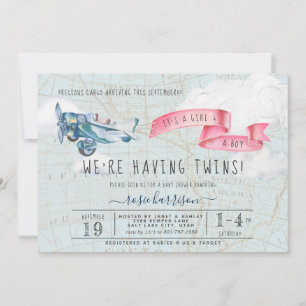 It's Twins Boy Girl Vintage Airplane Baby Shower Invitation