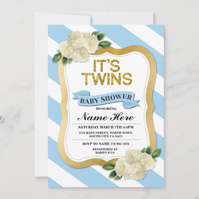 It's Twins Boys Baby Shower Blue Gold Invite (Front)