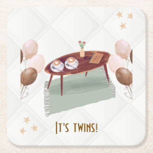 It's Twins Coffee Themed Baby Shower Square Paper Coaster