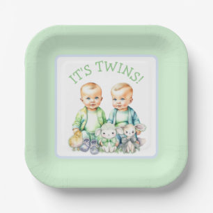 It's Twins! Cute boy twins Baby Shower Paper Plate