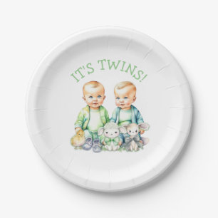 It's Twins! Cute boy twins Baby Shower Paper Plate