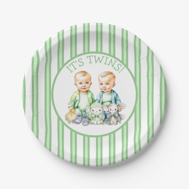 It's Twins! Cute boy twins Baby Shower Paper Plate (Front)