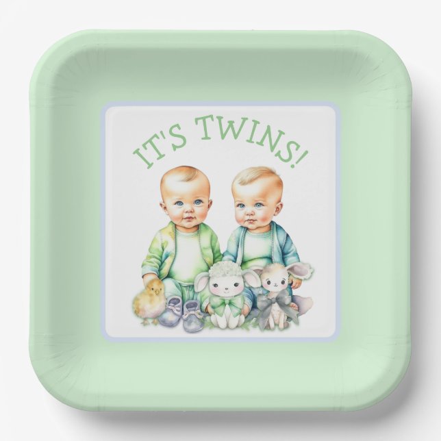 It's Twins! Cute boy twins Baby Shower Paper Plate (Front)