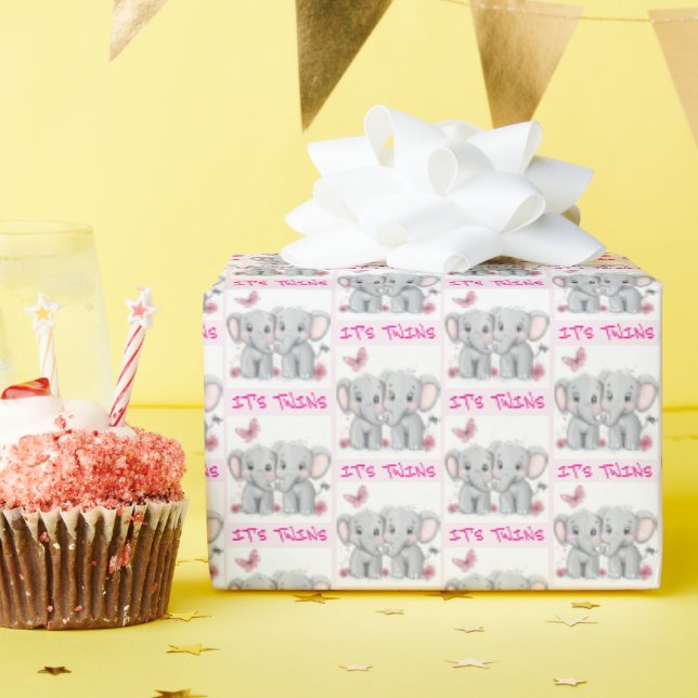 It's Twins Gift Wrap, Elephants, Baby Shower Wrapping Paper (Birthday Party)