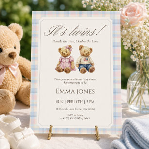 Its Twins Pastel Plaid Teddy Bear Baby Shower Invitation