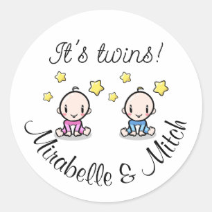 It's twins!, personalized w. names, round stickers